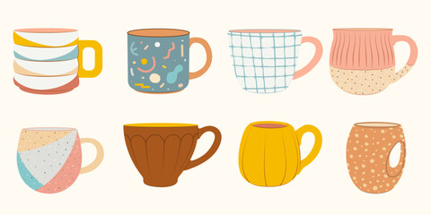 A set of various modern cups and mugs, decorated with design elements, in different sizes and shapes.
Vector illustration in flat style.