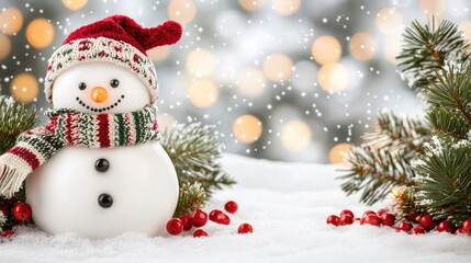 A joyful snowman stands proudly in a snowy scene, surrounded by bokeh Christmas lights, creating a warm and festive atmosphere at dusk