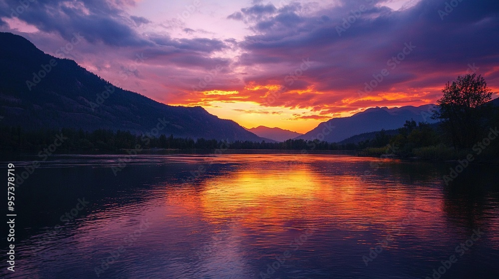 Wall mural   A picturesque scene featuring a majestic mountain range set against a vast expanse of water, all bathed in the golden hues of a breathtaking sunset