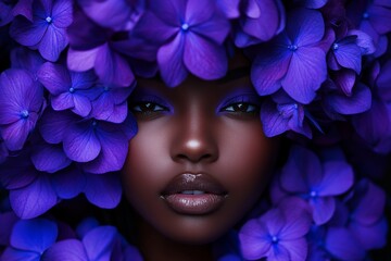 black woman model with violet hydrangea flowers editorial fashion style, well preserved skin texture --ar 3:2 --v 6.1 Job ID: 91bb2149-0272-43ab-815a-c6e37a76aa4c