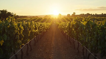 Fototapeta premium A vast vineyard fills the foreground as the sun sinks behind tall trees in the distance