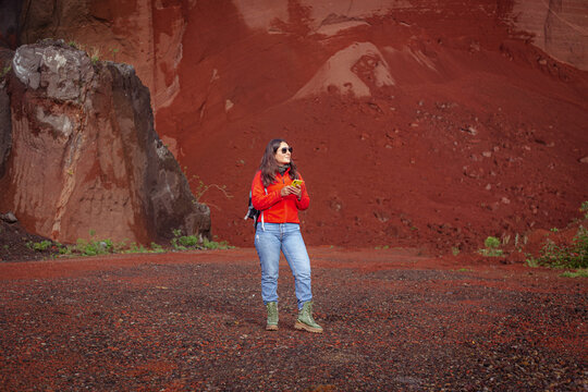 Traveling girl using cell phone