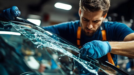 Expert Repair Specialist Fixing Car Windshield Glass Replacement Service