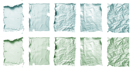 Collection set of pastel light blue green turquoise crushed wrinkle scrunch torn rectangle A4 paper old tear crumple rip edges on transparent cutout PNG. Many different design. Mockup template artwork