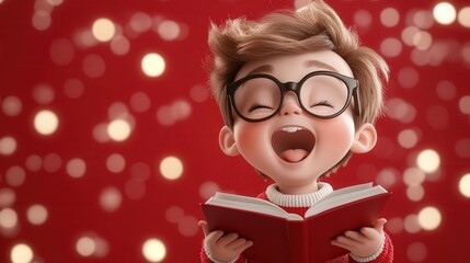 A joyful child with glasses laughs while reading a book, surrounded by shimmering lights, embodying happiness and creativity.
