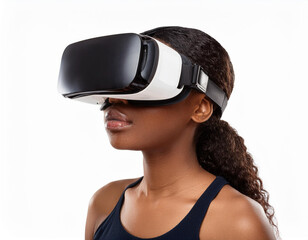 Portrait of a Woman Using VR Glasses Headshot Isolated on White Background with Copy Space