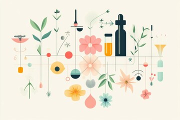 sensory experience chart representing different tastes (sweet, salty, sour, bitter, umami) and smells (spices, flowers, herbs), clean and minimal background flat illustration