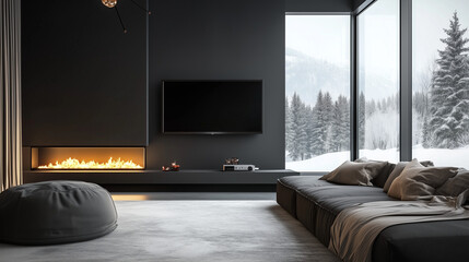 Fototapeta premium Contemporary living room with panoramic winter forest views, featuring a minimalist fireplace and comfortable seating.
