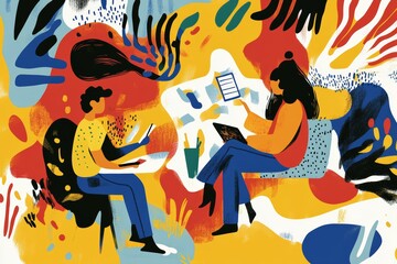 Flat illustration of diverse people engaged in various creative activities like painting, writing, crafting, backdrop of abstract, colorful patterns to convey a sense of artistic expression