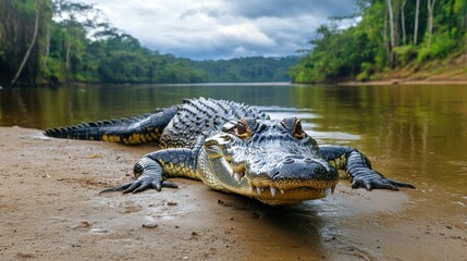 Naklejka premium A crocodile lying in wait at the edge of a river