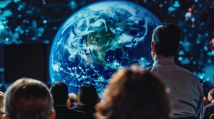 Audience watching a presentation about Earth with a large projection of the planet.