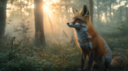 Obraz premium A curious fox exploring a misty woodland at dawn
