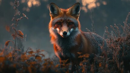 Fototapeta premium A curious fox exploring a misty woodland at dawn