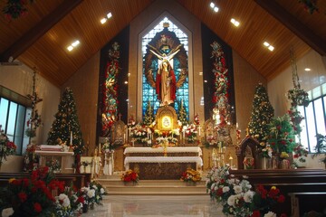 Fototapeta premium decorated church interior for the Feast of Our Lady of Sorrows, showcasing intricate religious decorations, stained glass windows, focus on altar and religious artifacts used during the celebration