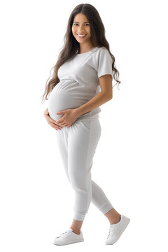 Full body view of young Hispanic pregnant woman dressed in white exercise clothes, isolated on png transparent background