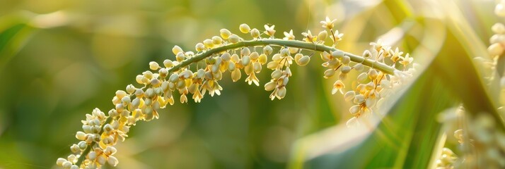 Naklejka premium Delicate blooms of the male tassel of a corn plant during summer.