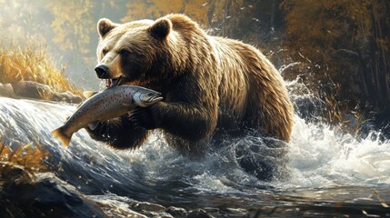 Obraz premium A grizzly bear catching salmon in a rushing river
