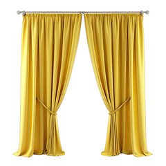 Two yellow curtains hang from a silver rod against a white backdrop. The curtains are gathered at the sides, revealing a glimpse of the white space behind