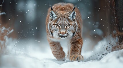 Fototapeta premium A lynx stalking through a snowy forest