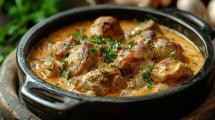 Hungarian national cuisine: Rabbit stewed in sour cream with herbs.