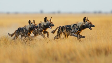 A pack of wild dogs chasing prey across a grassy plain
