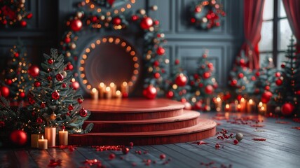 Obraz premium An empty product podium single red color background christmas theme