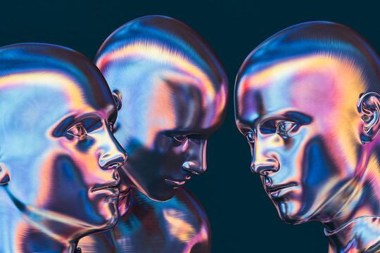 Iridescent metallic heads. Artificial intelligence concept