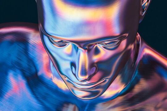 Iridescent metal head sculpture. Artificial intelligence concept