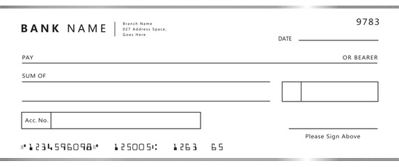 Blank bank check, checkbook cheque template with blue guilloche, vector mockup. Money payment bank check voucher or pay cash cheque certificate, account bill paycheck