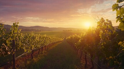 Fototapeta premium Sunset at a vineyard, distant sun, vines in fg, mountains bkgt