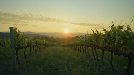 Fototapeta premium A vineyard with vines in the foreground and a distant hill as the sun sets over it