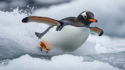 Fototapeta premium A penguin sliding across the ice in Antarctica