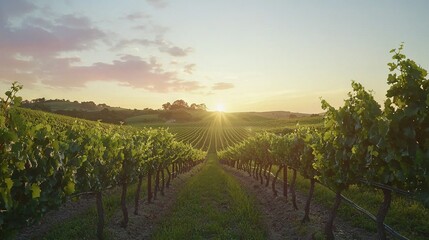 Fototapeta premium The sun is setting over a vineyard with rows of vines in the foreground and lush green grass in the background
