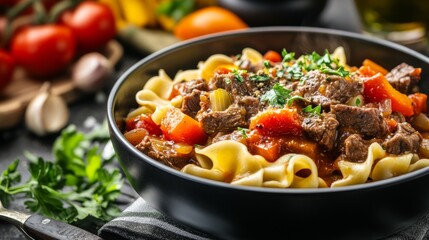 Hungarian national cuisine: Hungarian goulash with egg noodles.