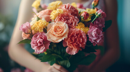 Obraz premium Close-Up of Hands Holding a Colorful Flower Bouquet with Soft Natural Lighting