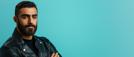 Obraz premium Bold Portrait of a Bearded Man in Black Leather Jacket on Teal Background