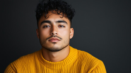 Obraz premium Stylish Portrait of a Young Man with Curly Hair in Yellow Sweater on Dark Background