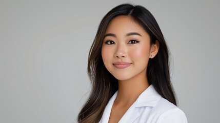 Obraz premium Professional Portrait of a Young Asian Woman in White Attire with Neutral Background