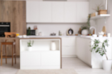 Blurred view of light kitchen with counters, table and plants