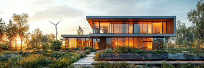 Obraz premium Modern sustainable home with solar panels and a wind turbine in the background, showcasing an eco-friendly lifestyle.