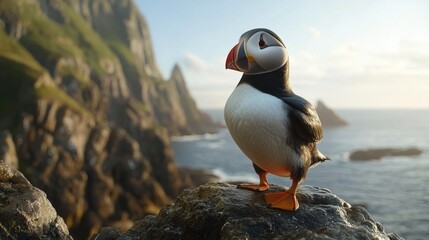 Fototapeta premium A puffin standing on a rocky cliff by the sea