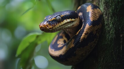 Fototapeta premium A python coiled around a tree in the heart of the jungle