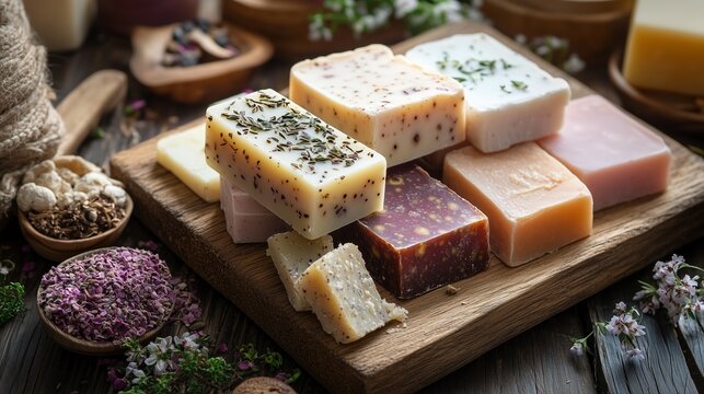 Artisan soap bars displayed on a wooden board surrounded by natural ingredients and herbs in a warm, inviting setting