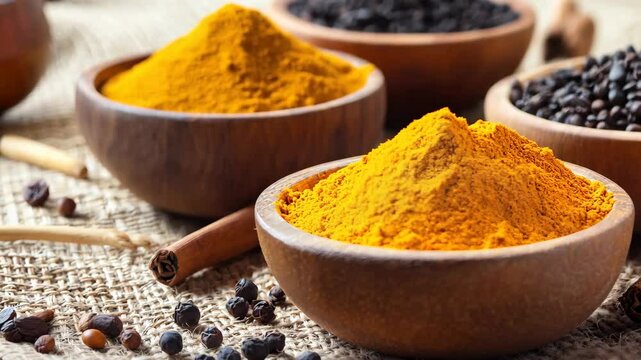 A bowl of turmeric powder, with other spices like black pepper and cumin, next to it.