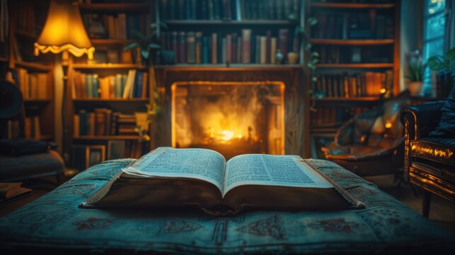 Open Book in Cozy Library Ambiance - An open book on a patterned cloth in a warm, cozy library with a glowing fireplace and vintage furniture.