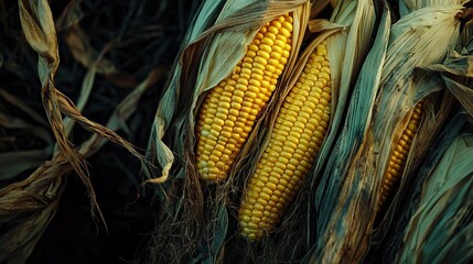   A close-up of two corn cobs on a corn stalk