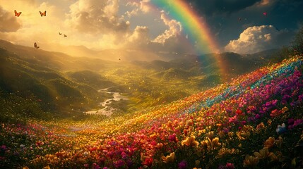 Obraz premium A rainbow spans the sky above a field of vibrant blooms, its colors reflected perfectly in a rainbow that stretches across the center of the field