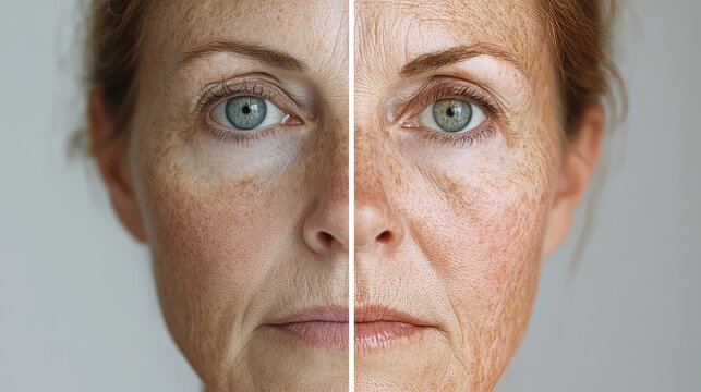 Composite Image of a Woman&rsquo;s Face Showing Aging on the Left Side with Wrinkles, Sagging Skin, and Age Spots, Contrasted with Youthful Appearance on the Right