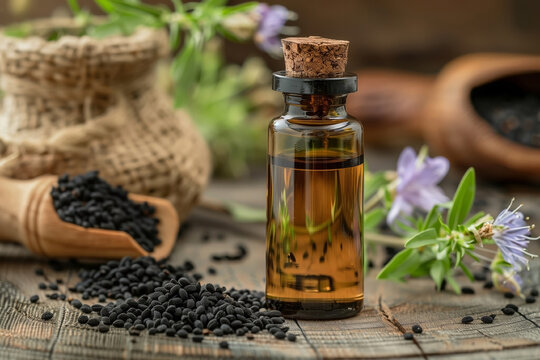 Ampoule of black cumin oil and cumin flowers on a wooden tray. Generated AI