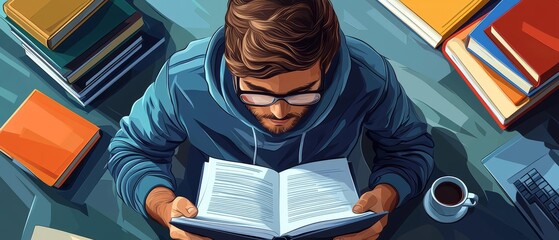 A professional reading a research paper, with a laptop and coffee cup nearby, representing dedication to continuous education